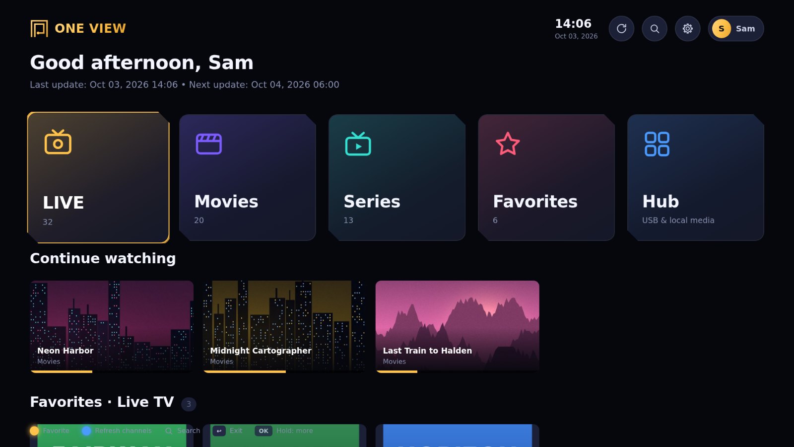 One View Player home screen